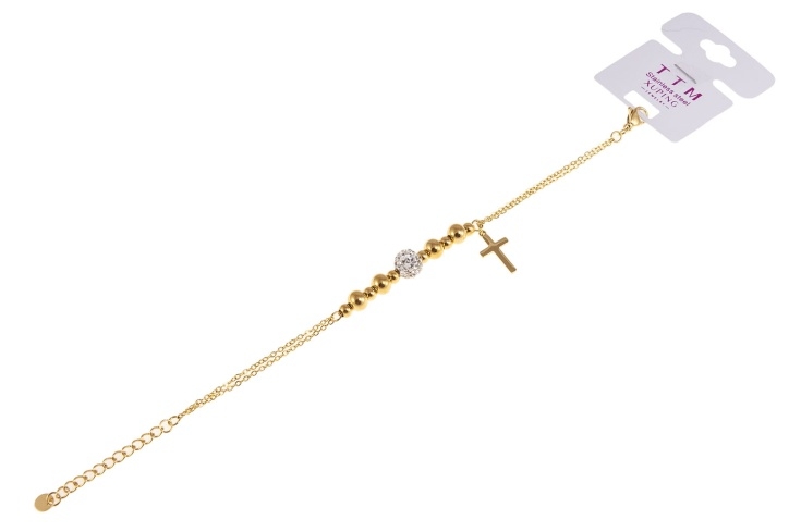 Elegancka złota bransoletka z krzyżykiem i dżetowym koralikiem