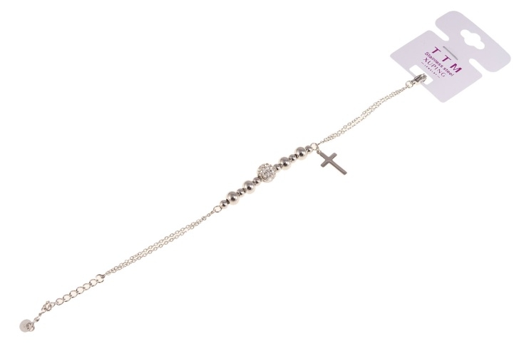 Elegancka srebrna bransoletka z krzyżykiem i dżetowym koralikiem